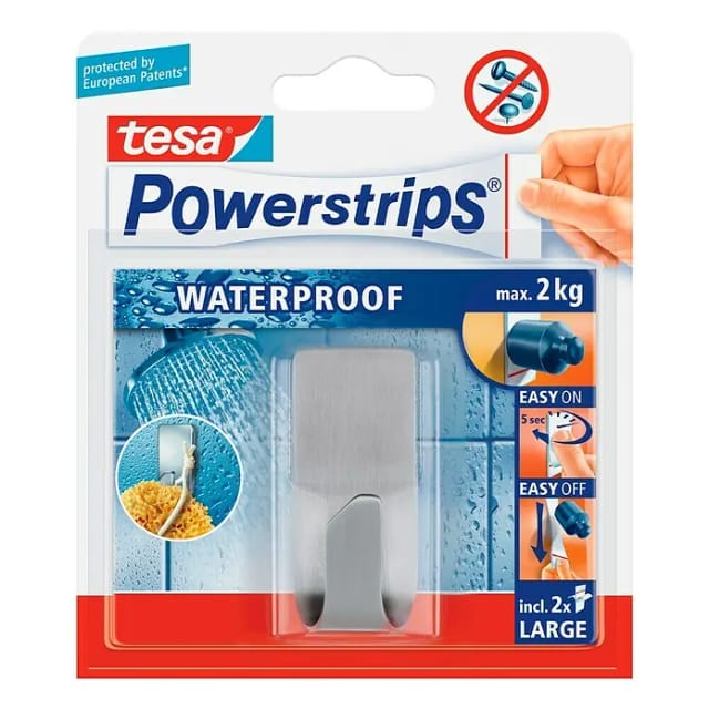 Tesa Waterproof Haken Edelstahl mit 2 x Powerstrips Large