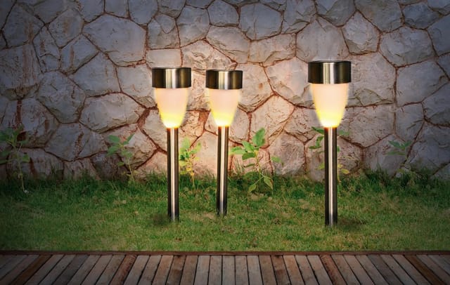 Globo LED-Solarspieß Fackel Ø 5,5 cm x 36,5 cm Edelstahl 3er-Set