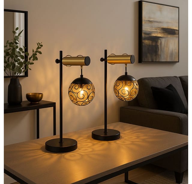 Globo Tischlampe Fitz 1-flammig Schwarz matt-Gold Rauchfarben 340 x 180 x 550 mm