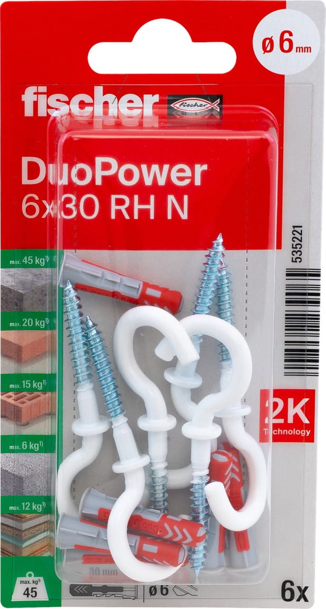 Fischer Dübel DuoPower Ø 6 mm x 30 mm RH K 6 Stück mit Rundhaken