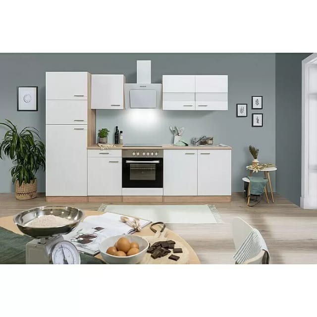 Respekta Küchenzeile KB270ESWCGKE 270 cm Weiß-Eiche Sägerau Nachbildung Glänzend
