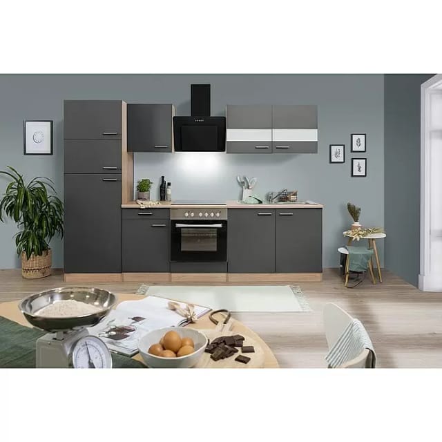 Respekta Küchenzeile KB270ESGCGKE 270 cm Grau-Eiche Sägerau Nachbildung Glänzend