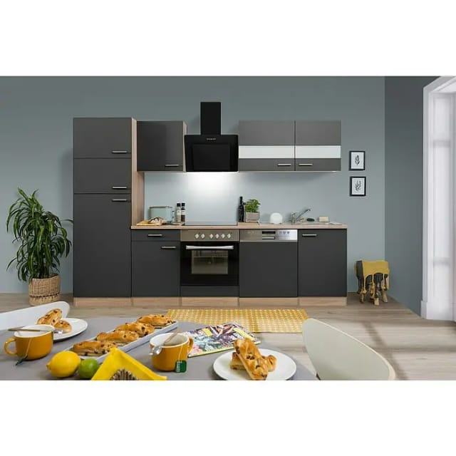 Respekta Küchenzeile KB280ESGCGKE 280 cm Grau-Eiche Sägerau Nachbildung
