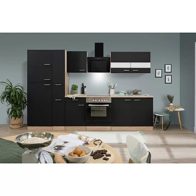 Respekta Küchenzeile KB300ESSCGKE 300 cm Schwarz-Eiche Sägerau Nachbildung