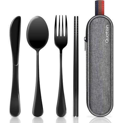 Reisebesteckset Mit Etui, Tragbares Besteck Fürs Büro, Wiederverwendbares Reisebesteckset Aus Edelstahl, Schwarze Gabel Und Löffel