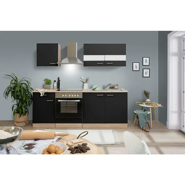 Respekta Küchenzeile KB210ESSC 210 cm Schwarz-Eiche Sägerau Nachbildung