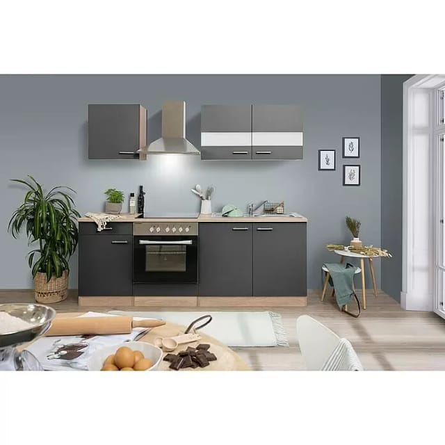 Respekta Küchenzeile KB210ESGC 210 cm Grau-Eiche Sägerau Nachbildung