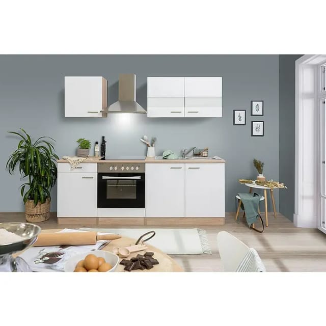 Respekta Küchenzeile KB210ESWC 210 cm Weiß-Eiche Sägerau Nachbildung