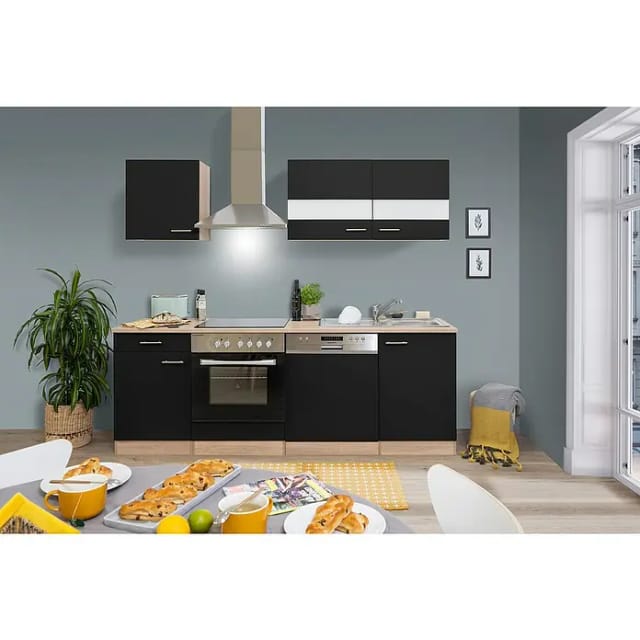 Respekta Küchenzeile KB220ESSC 220 cm Schwarz-Eiche Sägerau Nachbildung
