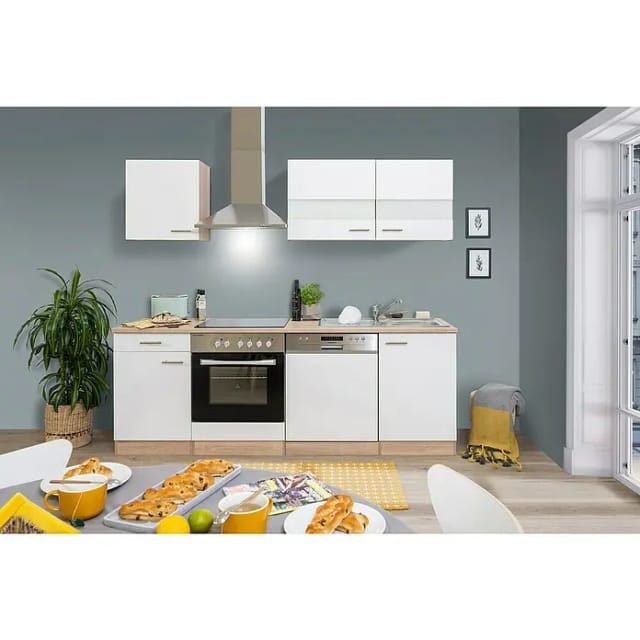 Respekta Küchenzeile KB220ESWC 220 cm Weiß-Eiche Sägerau Nachbildung Glänzend