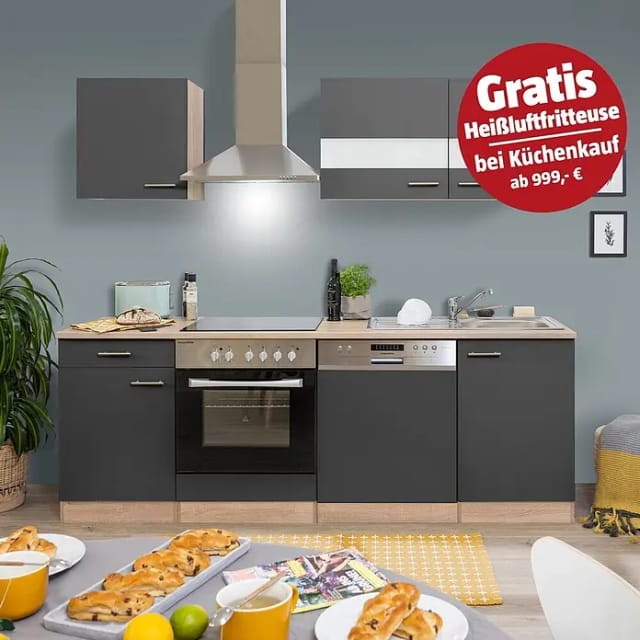 Respekta Küchenzeile KB220ESGC 220 cm Grau-Eiche Sägerau Nachbildung Glänzend