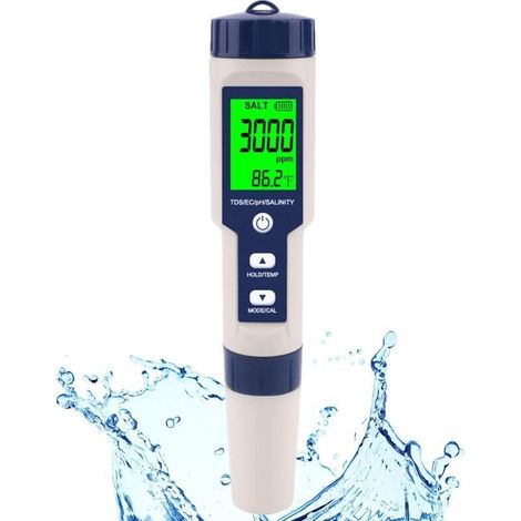 5-in-1-tester: Ph-wert, Tds, Ec, Salzgehalt, Temperatur – Misst Die Wasserqualität In Aquarien Und Meerwasser – Salzgehaltsbereich 0–25 % – Atc – Wasserdicht (ip67) – 1 Stück