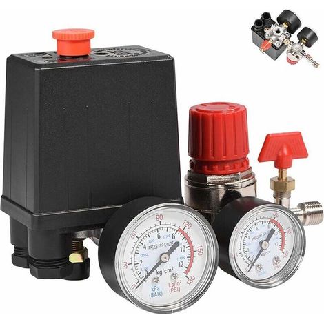 Druckschalter Für Luftkompressoren – 90–120 Psi – 4 Anschlüsse Mit Manometer Und Sicherheitsventil – Kolbentyp – Für Einphasenkompressoren