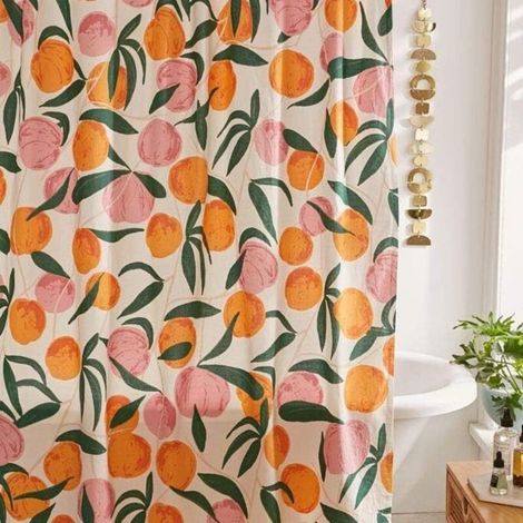 Duschvorhang – 180 X 180 Cm – Wasserdichtes Polyestergewebe – Frucht- Und Blumenmuster – Pfirsichrosa – Mit 12 Haken