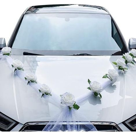 Hochzeitsauto-dekorationsset – 9 Weiße Künstliche Blumen – 180 Cm Bänder – Saugnäpfe Und Gurte – Für Das Auto Der Braut