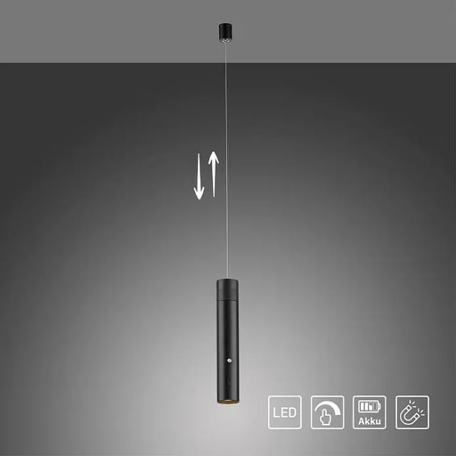 Just Light. LED-Akku-Pendelleuchte Attach Schwarz 120 cm x Ø 16