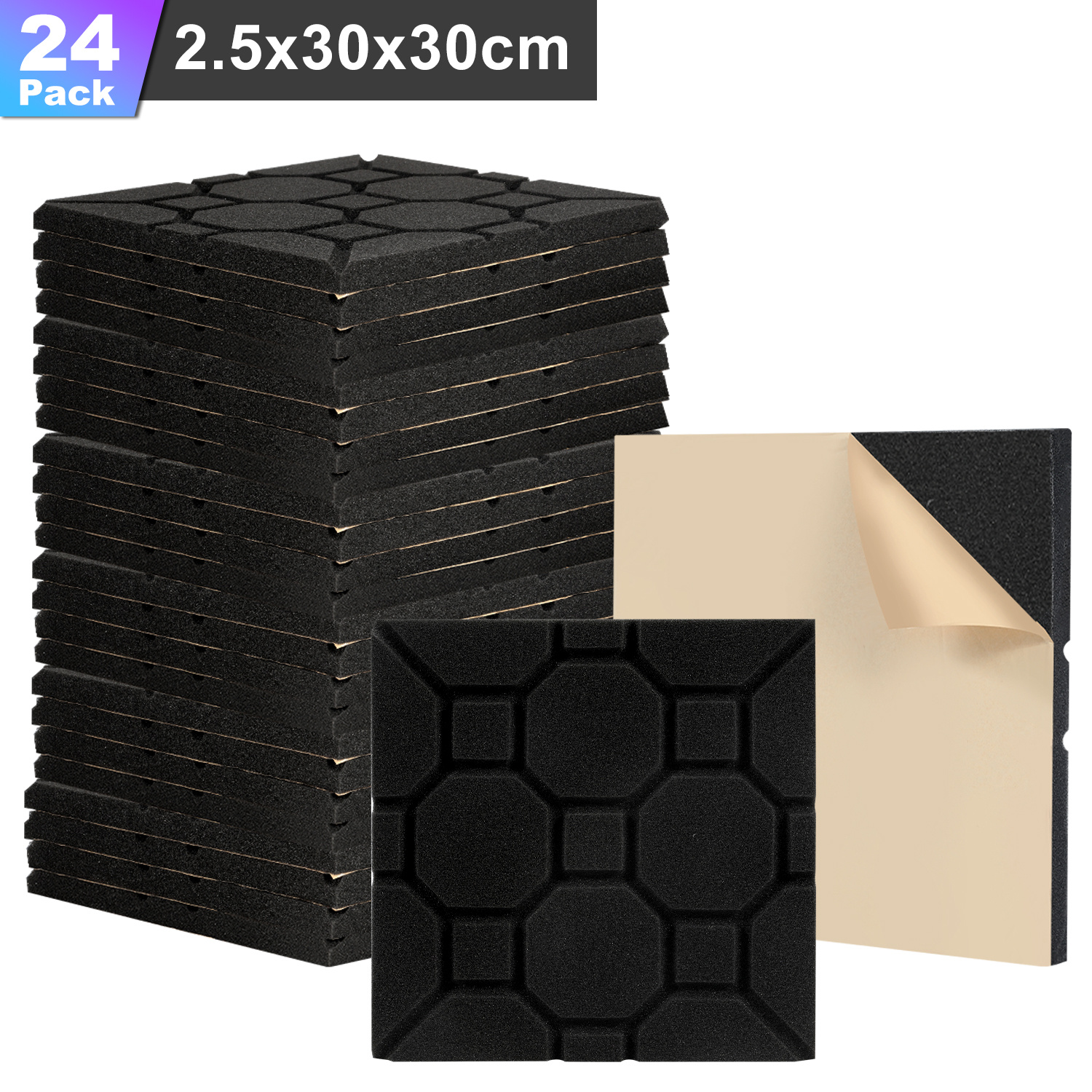 Randaco 24 Paneles Acústicos Adhesivos, Perfil Cúbico, 30 X 30 X 2.5 Cm, Paneles Insonorizantes Para Un Aislamiento Acústico Eficaz, Color Negro