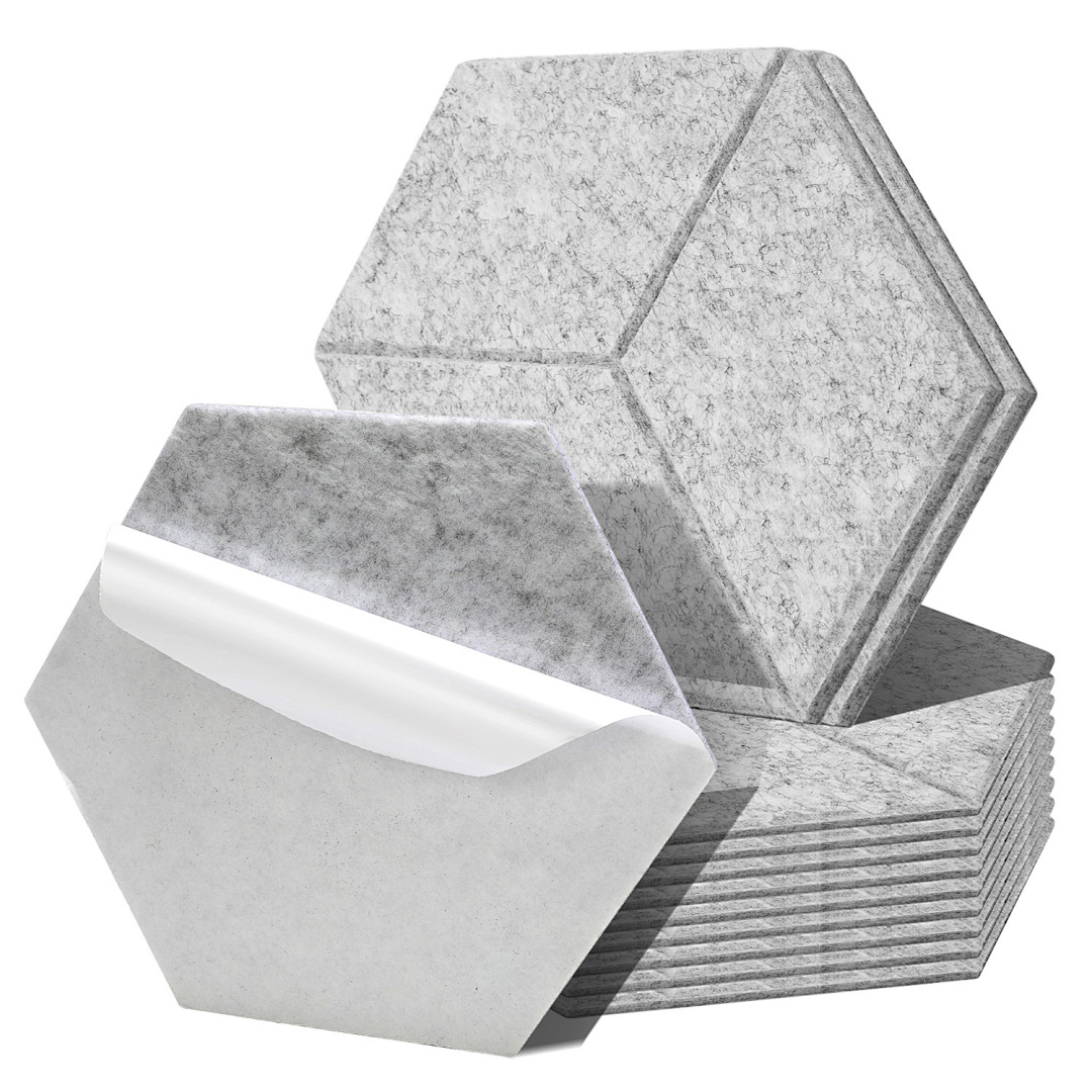Randaco Paneles Acústicos Pared Autoadhesivos, Pack De 12 De Fieltro, Lado 15 Cm, Grosor 0,9 Cm Gris, Hexagonales Ranurados