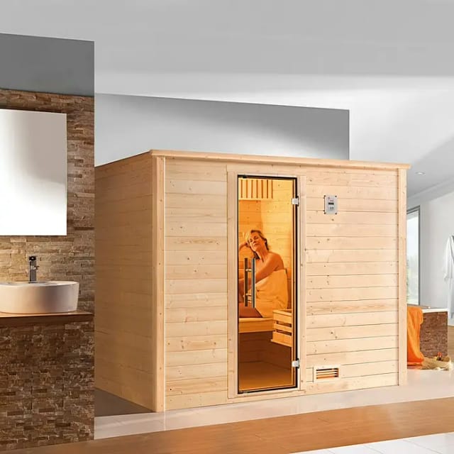 Weka Massivholzsauna Bergen 3 Sparset 7,5 kW BioS Glastür