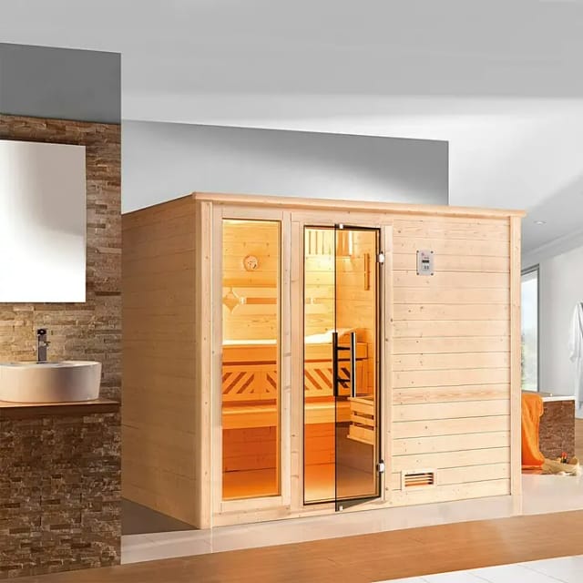 Weka Massivholzsauna Bergen 3 Sparset 7,5 kW OS Glastür/Fenster