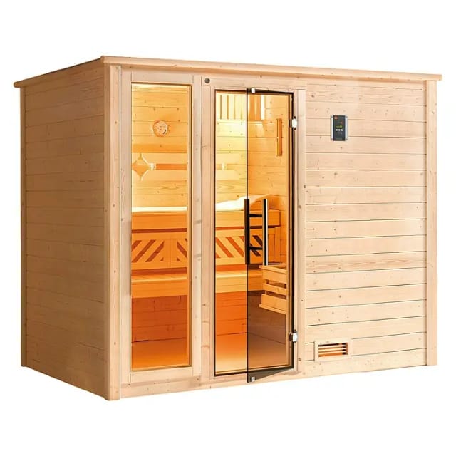 Weka Massivholzsauna Bergen 3 Sparset 7,5 kW BioS Glastür/Fenster