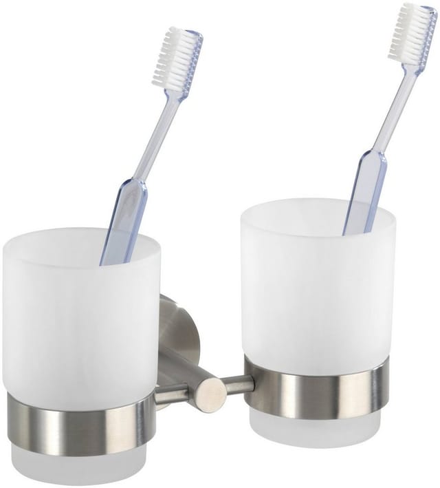 Wenko Zahnputzbecher Duo Bosio Silber Matt mit Halter 9,5 cm x 17,5 cm x 9 cm
