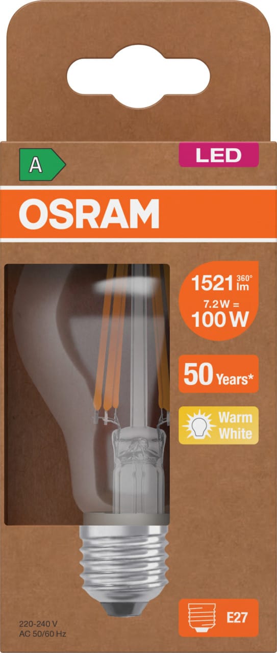 Osram LED-Lampe E27 Glühlampenform A100 EEK-A 7.2 W 2.700 K 10,5 cm x Ø 6 cm