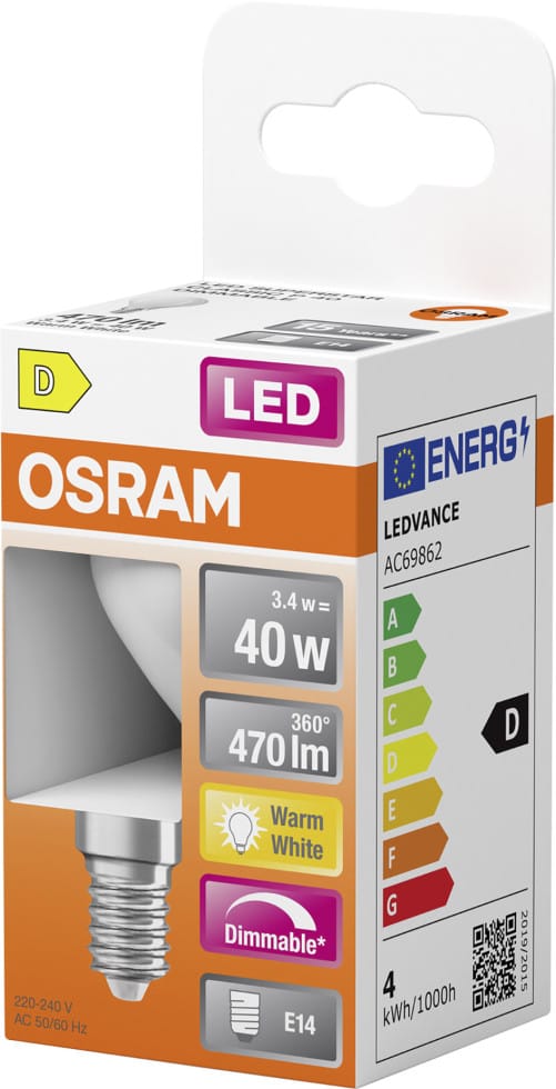 Osram LED-Leuchtmittel E14 Tropfenform 3,4 W 470,m Dimmbar Matt 8 cm x 4,5 cm