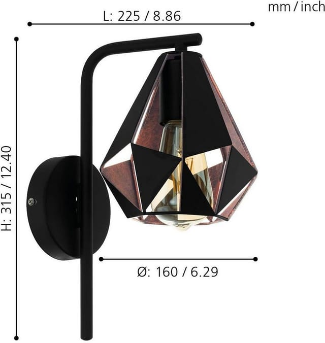 Eglo Wandleuchte Carlton 1-flammig 31,5 cm x 16 cm Schwarz-Kupfer-Antik