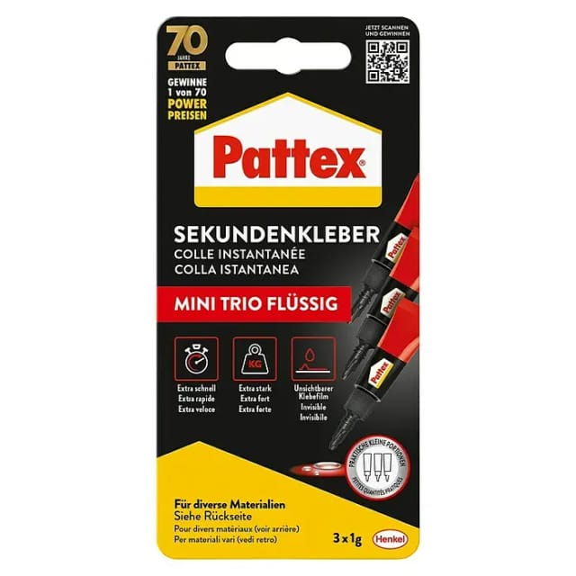 Pattex Flüssigkleber Sekundenkleber Flüssig Mini-Trio farblos 3x1g