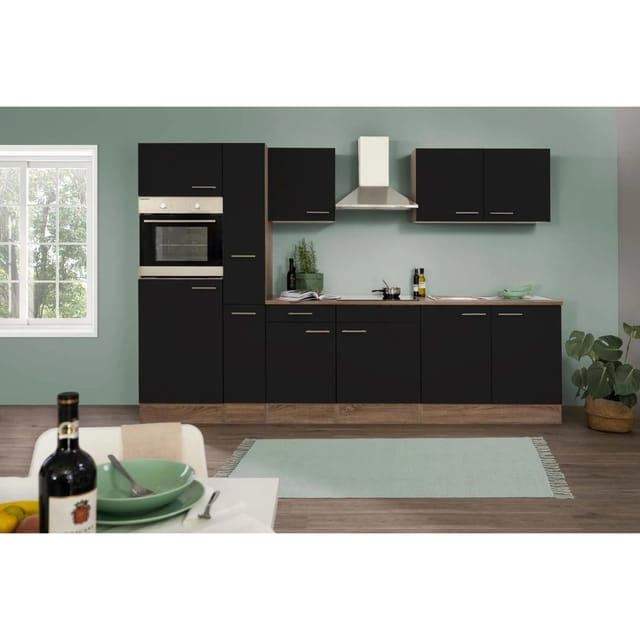 Respekta Küchenzeile ohne E-Geräte 300 cm Schwarz Seidengl.-Eiche York