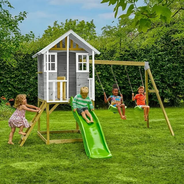 Zwerkules Spielhaus Valli 3 m. Rutsche u. Schaukel 352 x 370 x 277 cm Grau FSC®