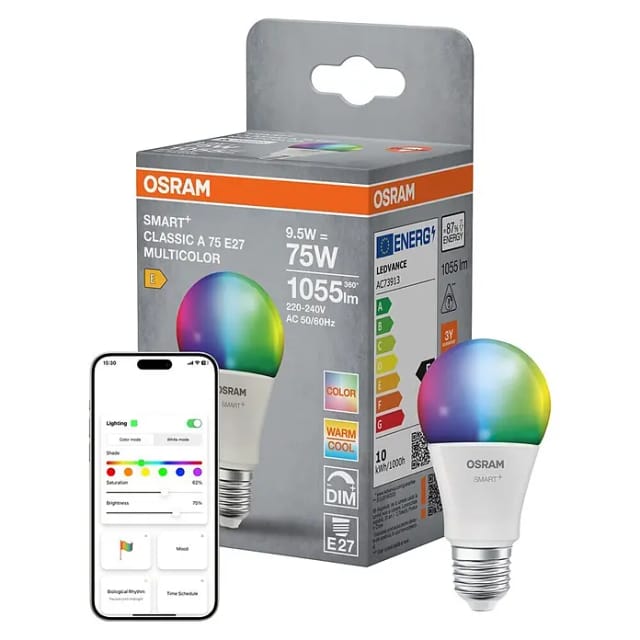 Osram Matter Leuchtmittel E27 Glühlampenform A75 RGB 9,5 W 1.055,m 11,2 x 6 cm