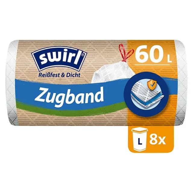 Swirl Zugband-Müllbeutel Reißfest & Dicht 60, Weiß 8 Stück