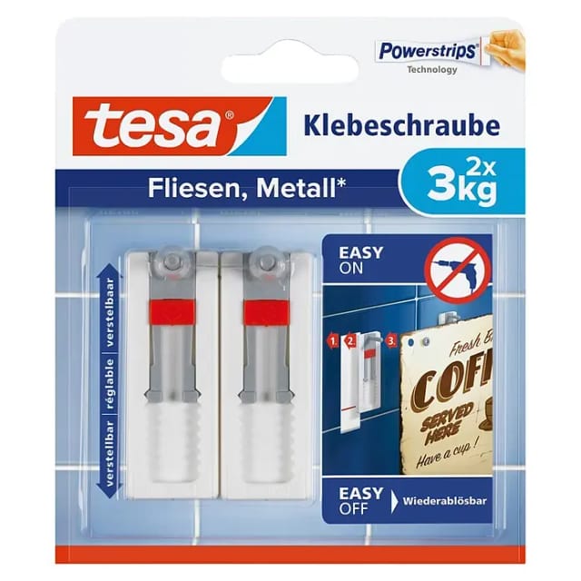 Tesa Klebeschraube für Fliesen und Metall verstellbar (max. 3 kg)