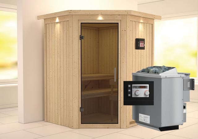 Karibu Sauna Lyra inkl. Bio-Ofen 9 kW mit ext. Steuerung, Dachkranz, Tür Graphit