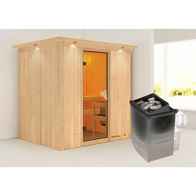 Karibu Sauna Bjarne inkl. Ofen 9 kW integr. Steuerung, Dachkranz, Tür Bronziert