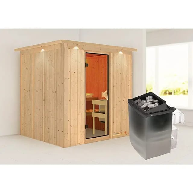Karibu Sauna-Set Stina inkl. Ofen 9 kW mit integr. Steuerung, Dachkranz