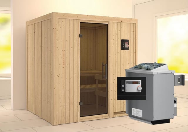 Karibu Sauna-Set Stina inkl. Ofen 9 kW mit ext. Steuerung, Tür Graphit