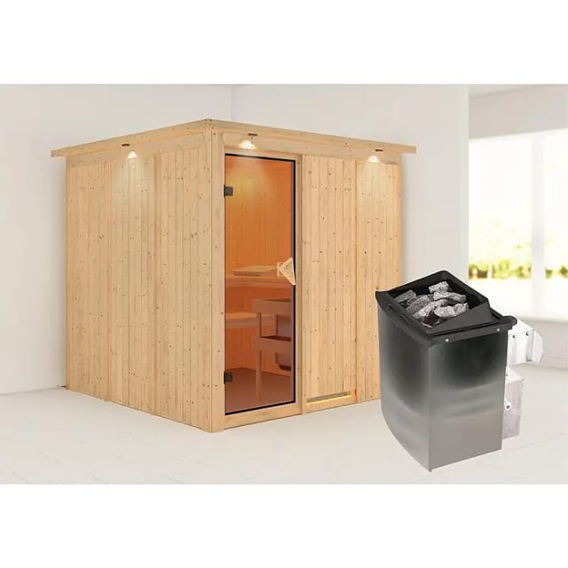 Karibu Sauna Rikka mit Ofen intergrierte Stg.LED-Dachkranz Natur