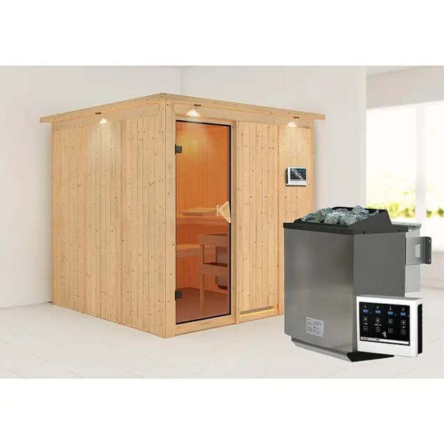 Karibu Sauna Rikka mit Bio-Ofen externe Stg.LED-Dachkranz Natur