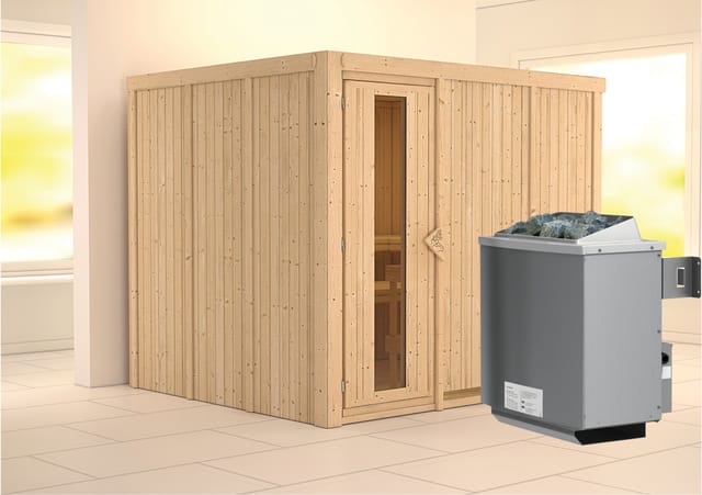 Karibu Sauna Gunda mit Ofen intergrierte Steuerungtü Natur