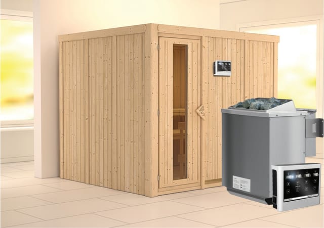 Karibu Sauna Gunda mit Bio-Ofen externe Steuerungt Natur