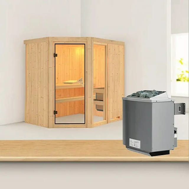 Karibu Sauna Freyja 1 Edelstahlmit Ofen intergrierte Stg.Natur