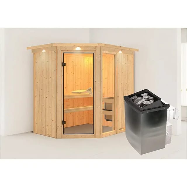 Karibu Sauna Freyja 1 mit Ofen intergrierte Stg.LED-Dachkranz Natur