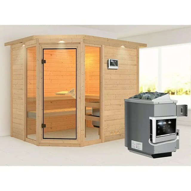 Karibu Sauna Sanna 3 Edelstahlmit Ofen externe Stg.Dach Natur