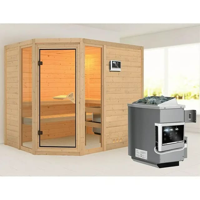 Karibu Sauna Sanna 3 Set Edelstahlmit Ofen externe Stg.Natur