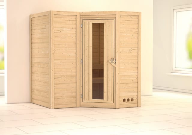 Woodfeeling Sauna Steena 1 mit Eckeinstieg und Energiespartür, naturbelassen