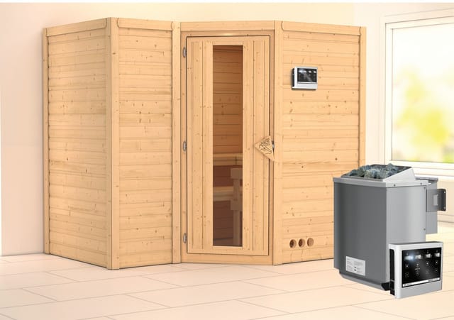 Karibu Sauna Steena 2 mit Bio-Ofen externe Steuerungtü Natur