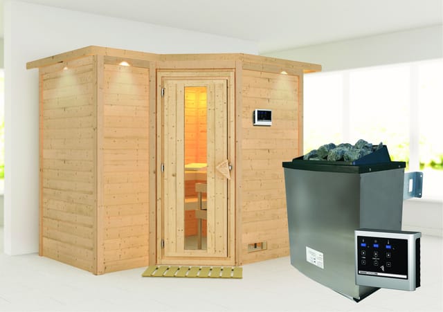 Karibu Sauna Steena 2 mit Ofen externe Stg.LED-Dachkranz Natur